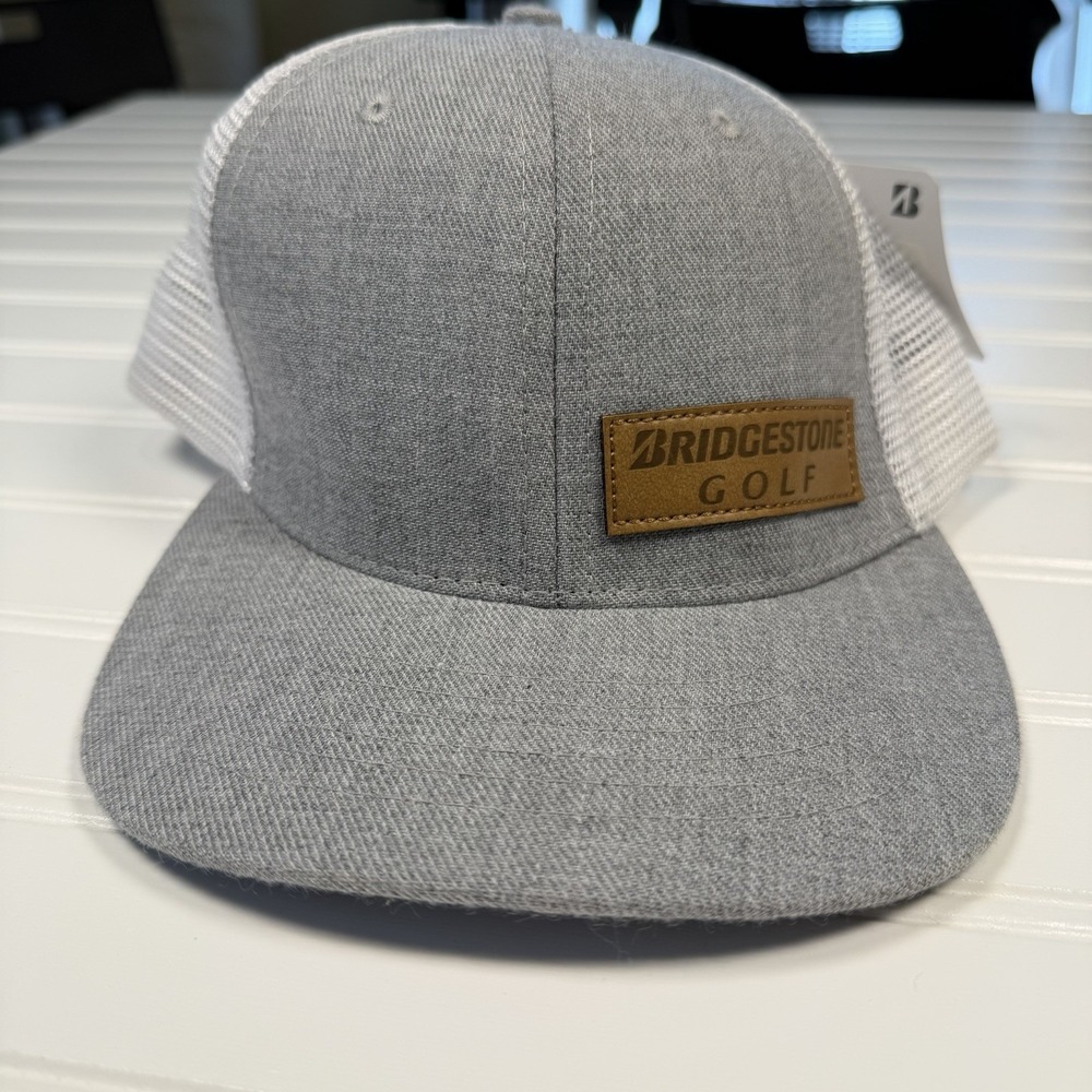 Bridgestone Golf‎ Trucker Hat Cap OSFA NWT Leather Logo Grey White